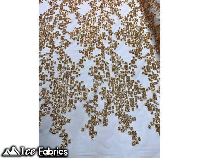 Scarlett Embroidered Beaded Fabric By The Yard | Hand beading Sequin Lace on Mesh | Rose Gold