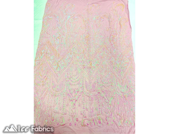 African Iridescent Pink 4 Way Stretch Sequin Fabric By The Yard | Mesh Sequin Fabric | Embroidered Lace Fabric