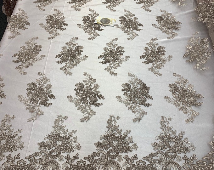 French Design Flower/Floral Mesh Lace (By The Yard)(Half Yard) Embroidery Lace Fabric(Light Brown)For Tablecloths/ Runners/ Skirts/ Costumes