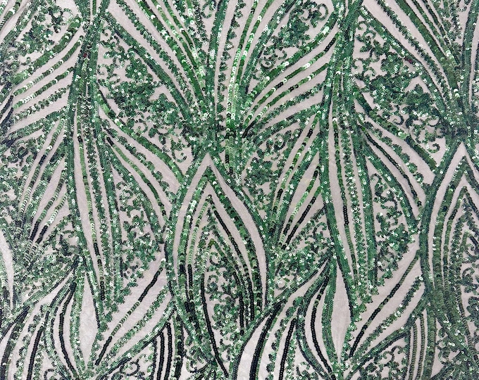 Hunter Green Damask Stretch Sequin Fabric By The Yards (MT) Embroidery Sequin Mesh Fabric Prom Dress Fabric