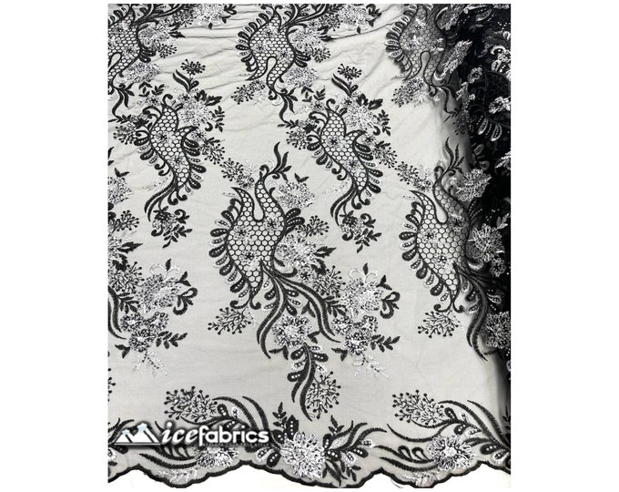 Luca Floral Lace Fabric By The Yard  Black / White Embroidery Flowers Sequin Fabric On Mesh. Wedding Dress, Decoration