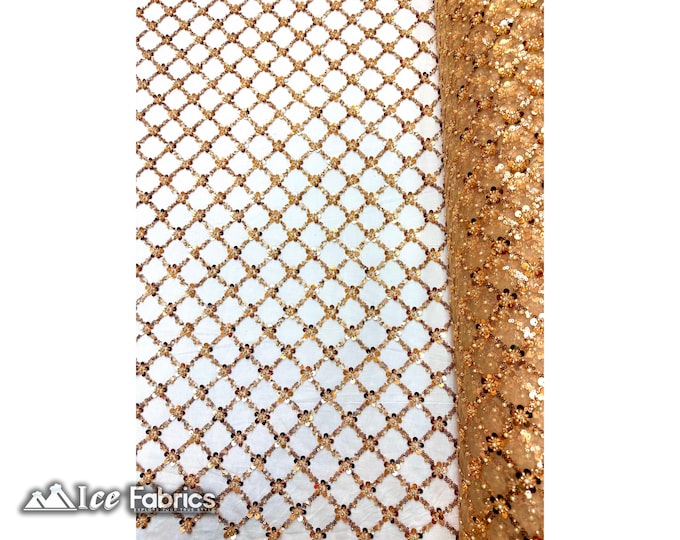 Gold Geometric Embroidery Sequin Beaded Fabric  By The Yard | Handmade Embroidered Lace Sequin Fabric on Mesh Fabric