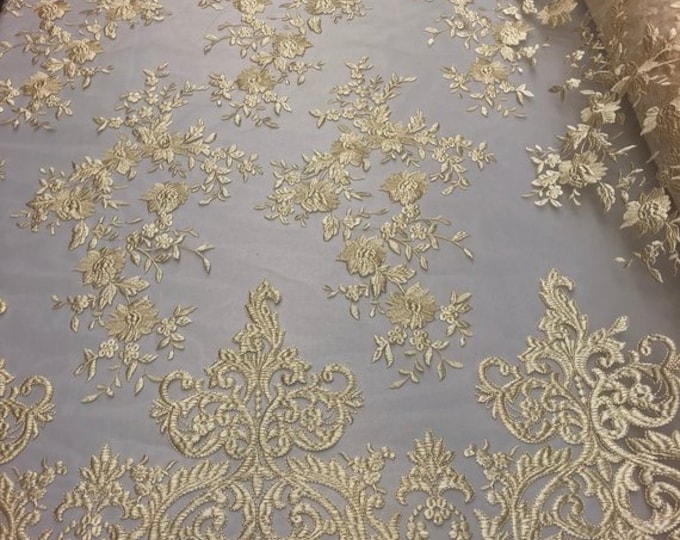 Ivory Floral Flower Mesh Lace Embroidery Design Fabric By The Yard For Tablecloths, Wedding Prom Dresses, Night gowns, Skirts, Runners