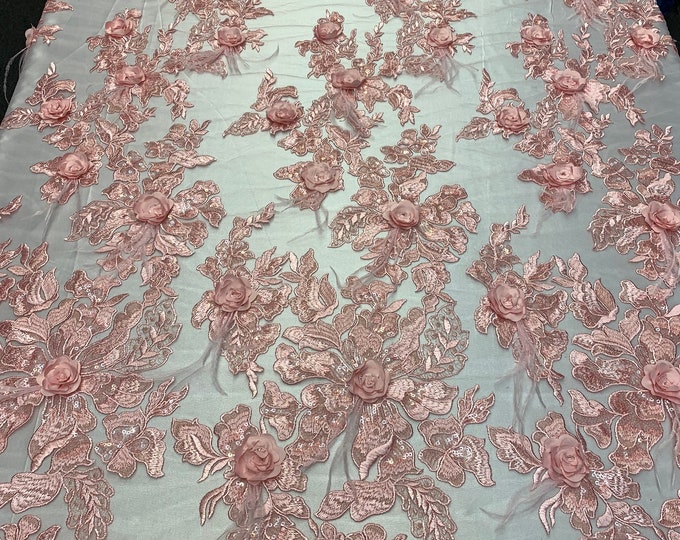 3D Luxury Feather Design Flowers/Floral Mesh Lace With Sequins Embroidery By The Yard For Costume/Decorations/Tablecloths/Runners(Light Pink