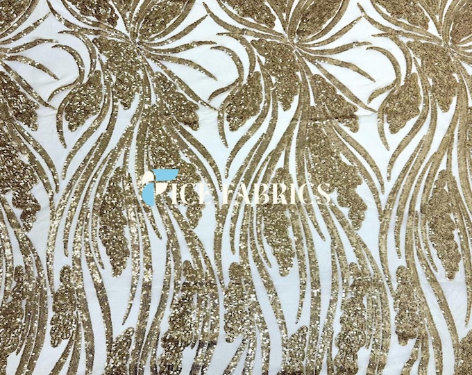 Elegant Feather Gold Sequin Fabric By The Yard Stretch Mesh Spandex Fabric Sequin Mesh Fabric Wedding Dress, Prom Dress
