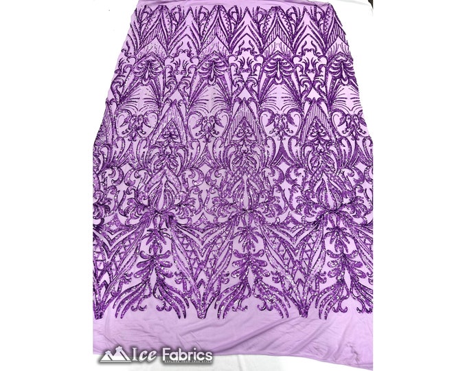 New Embroidery Purple Sequin Fabric By The Yard | 4 Way Stretch Mesh Fabric Spandex Geometric Fabric | for Prom Dress