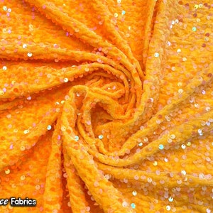 Emma 2 Way Stretch Velvet Sequin Fabric By The Yard | Embroidery Sequin On Spandex Velvet | Iridescent Orange | 60” Wide