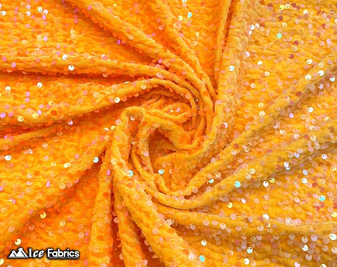Emma 2 Way Stretch Velvet Sequin Fabric By The Yard | Embroidery Sequin On Spandex Velvet | Iridescent Orange | 60” Wide