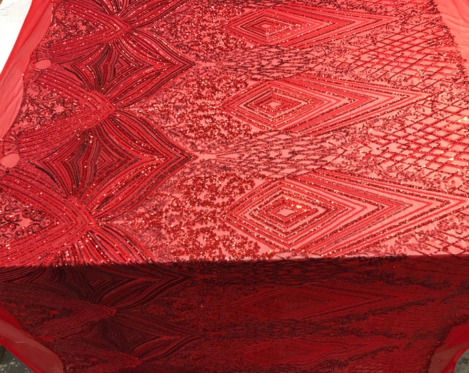 Full Sequins Geometric 4 way Stretch Fabric on mesh lace by the yard (Red) used for Fashion apparel,wedding prom dress,tablecloths,veil
