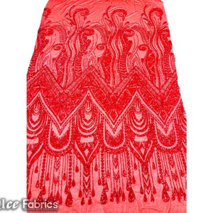 African Red 4 Way Stretch Sequin Fabric By The Yard | Mesh Sequin Fabric | Embroidered Lace Fabric