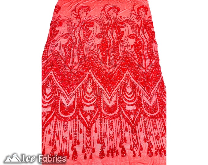 African Red 4 Way Stretch Sequin Fabric By The Yard | Mesh Sequin Fabric | Embroidered Lace Fabric