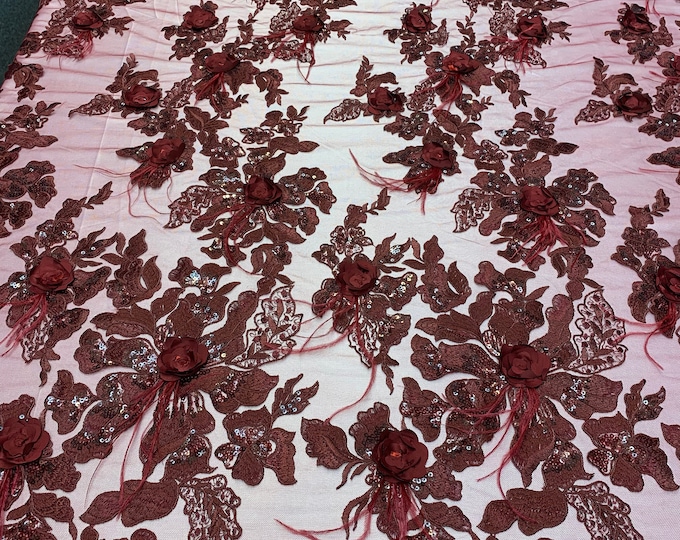 3D Luxury Feather Design Flowers/Floral Mesh Lace With Sequins Embroidery By The Yard For Costume/Decorations/Tablecloths/Runners (Burgundy)