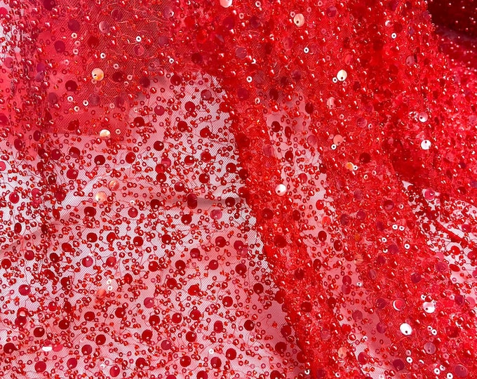 Classic Embroidery Beaded Fabric With Sequin Fabric By The Yard | Red Sequin on Red Mesh Fabric | Handmade Lace | All Over Beads on Mesh
