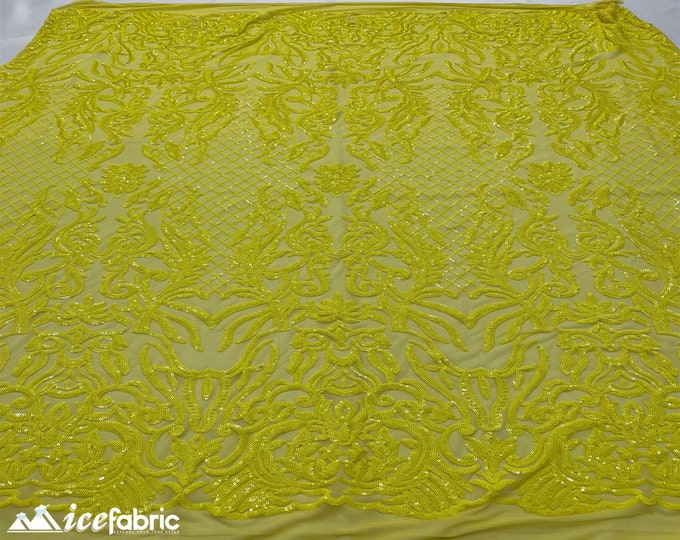 Mia Geometric Sequin Fabric By The Yard | 4 Way Stretch Fabric | Sequin Geometric Embroidery Fabric | Yellow