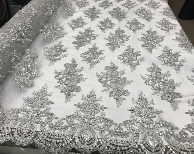 Silver Modern Flower Design Embroidery  Mesh With Sequins and Metallic Cord-prom-Nightgown-Decorations-Sold by the yard prom wedding decor