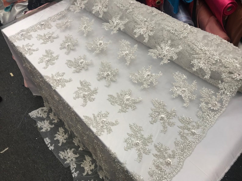 Design Beaded Mesh Lace Fabric Bridal Wedding Sold By Yard clothing jackets applications table covers Silver dresses,skirts runners