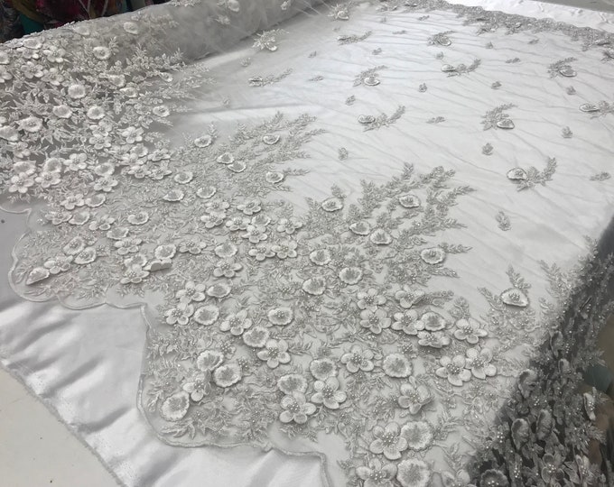 White Design Beaded Mesh Lace Fabric Bridal Wedding Sold By Yard clothing, jackets, dresses,skirts, applications, table covers, runners