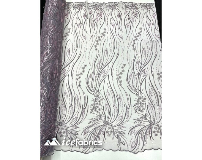 Rose Floral Beaded Fabric By The Yard | Light Purple Handmade Flower Embroidery Lace Fabric | Wedding Dress, Prom Dress