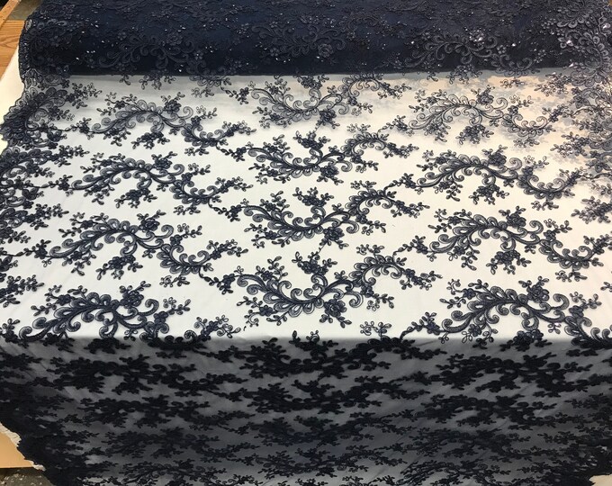 Navy Blue Design Mesh Lace Fabric By The Yard/ Embroidery Mesh Lace Floral Design/For Tablecloths/ Skirts/ Runners/ Skirts/ Decorations/