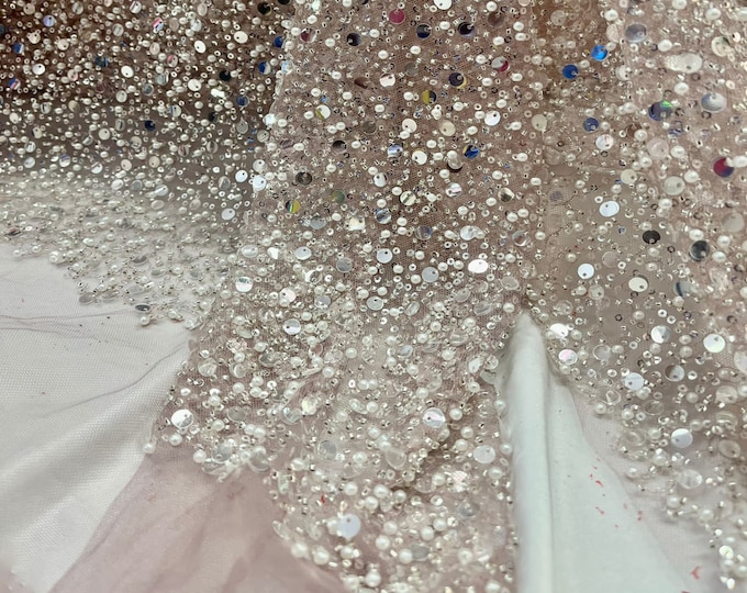 Classic Embroidery Beaded Fabric With Sequin Fabric By The Yard | Dusty Rose Sequin on Mesh Fabric | Handmade Lace | All Over Beads on Mesh