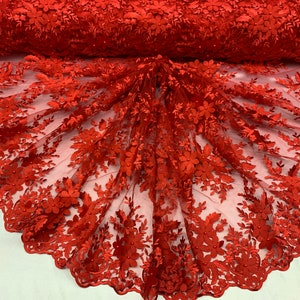 Red_ 3D Flowers Beaded Mesh Lace Bridal Fabric By The Yard/ Mesh Beaded Embroider Lace Floral Fabric/ Wedding Fabric, Prom Dress, Gowns
