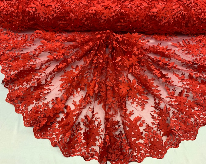 Red_ 3D Flowers Beaded Mesh Lace Bridal Fabric By The Yard/ Mesh Beaded Embroider Lace Floral Fabric/ Wedding Fabric, Prom Dress, Gowns