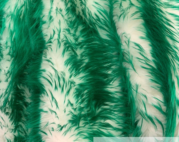 Canadian Fox_2 Tone Thick Fake Faux Fur Shaggy Long Pile - 64" Wide - Fabric By The Yard - Sold By ICE FABRIC - Kelly Green White