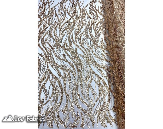 Light Gold Beaded Lace Fabric By The Yard | Embroidered Mesh Sequin Fabric with Beaded Fabric | for wedding Dress, Prom Dress and more