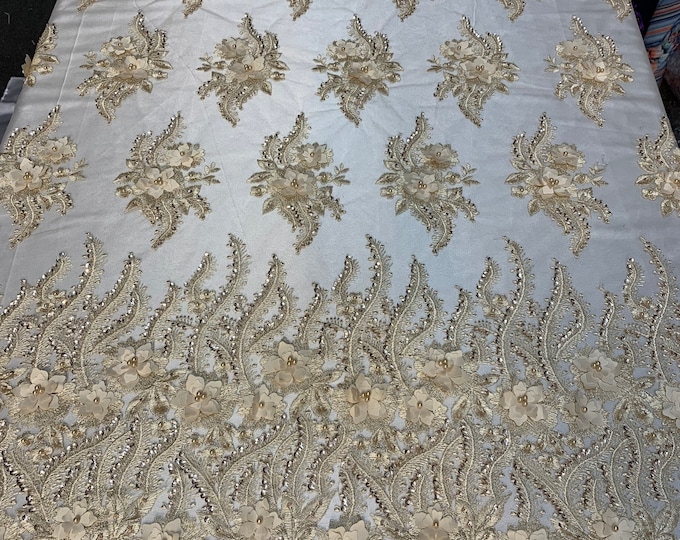 New 3D Beaded Flowers Hand Embroidered Floral Mesh Lace With Sequins By The Yard(Champagne) For Prom Dresses/Tablecloths/Runners/Night Gowns