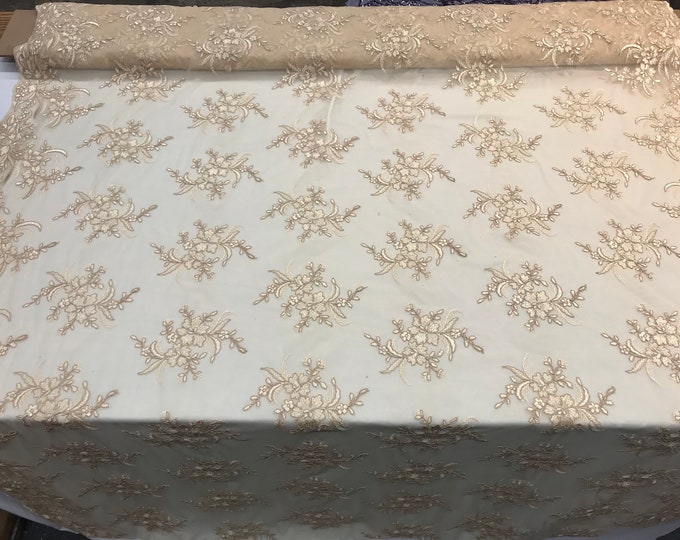 Champagne Floral  women fashion prom wedding dress fabric by the yard.embroidered Mesh lace for apparel,decorations,night gowns,tablecloths