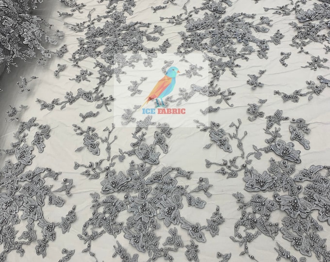 KING Design_ Fashion Bridal Lace//Embroidered Beaded 3D Flowers Lace//Floral Beaded Mesh Lace Fabric By The Yard//Prom Gowns  Costumes_Gray