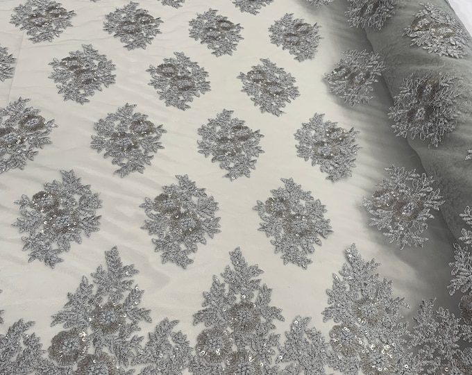 Gray_ Floral Lace Fabric By Yard_ Embroidered Corded Metallic Flowers On A Mesh Lace Fabric With Sequins_ Dresses, Gowns,Tablecloths,Costume
