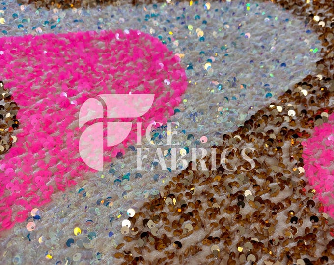 Wavy Sequin Stretch Velvet Fabric by The Yard - 60" Wide Pink Gold White Iridescent on Champagne Velvet for Apparel, Costume, Decor