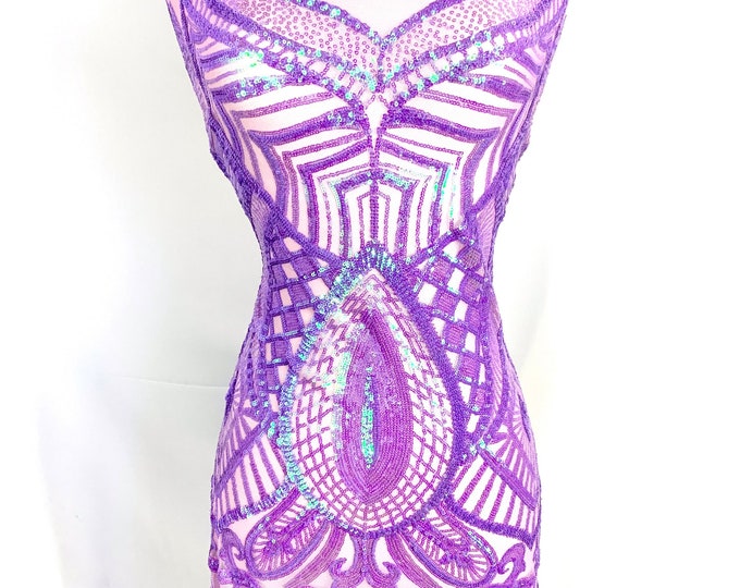 LONDON Design/Iridescent (Lavender) Spandex Sequins 4 Way Stretch Geometric Mesh Lace Fabric By The Yard/Embroidery Sequins For Prom Dress/