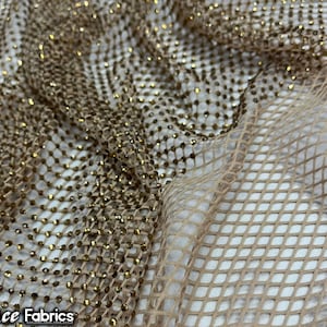 Light Gold Crystal 4 Way Stretch Beaded Fabric on Fish net Fabric By The Yard | Spandex Lace with Handmade Beads