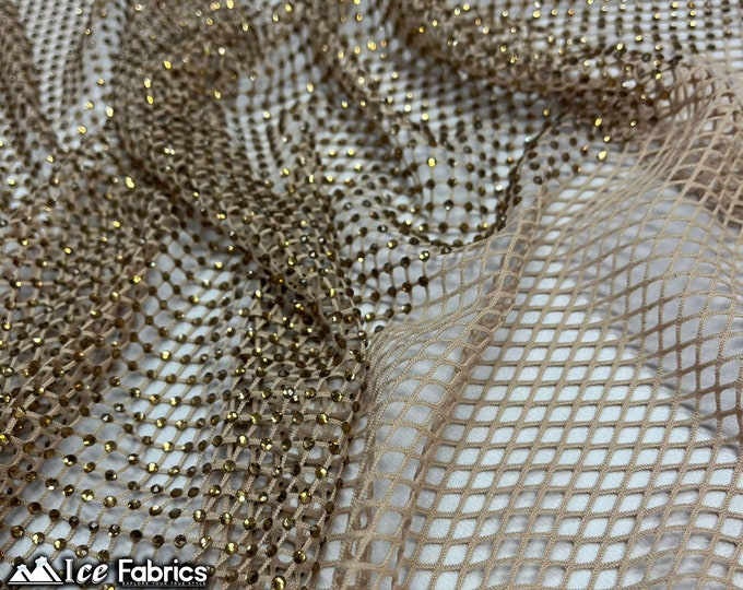 Light Gold Crystal 4 Way Stretch Beaded Fabric on Fish net Fabric By The Yard | Spandex Lace with Handmade Beads