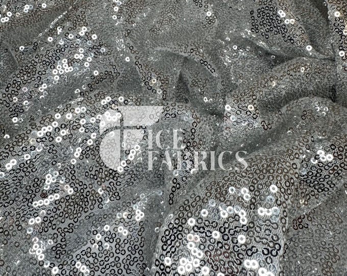 Silver on White All-Over Mesh Sequins Fabric by The Yard - 48" Wide Shiny 3mm Mini Sequin Fabric on Mesh for Apparel and Decor - Ice Fabrics