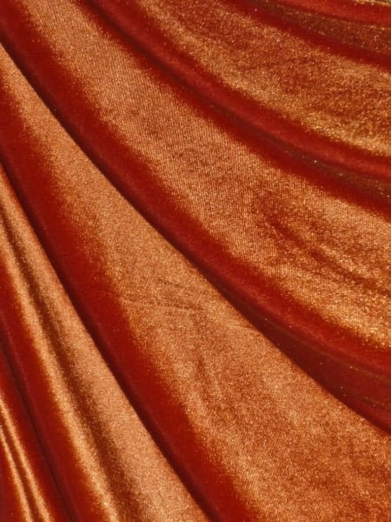 May include: Close-up of a rich, rust-colored velvet fabric with a soft, plush texture. The fabric has a subtle sheen and a slightly textured surface.