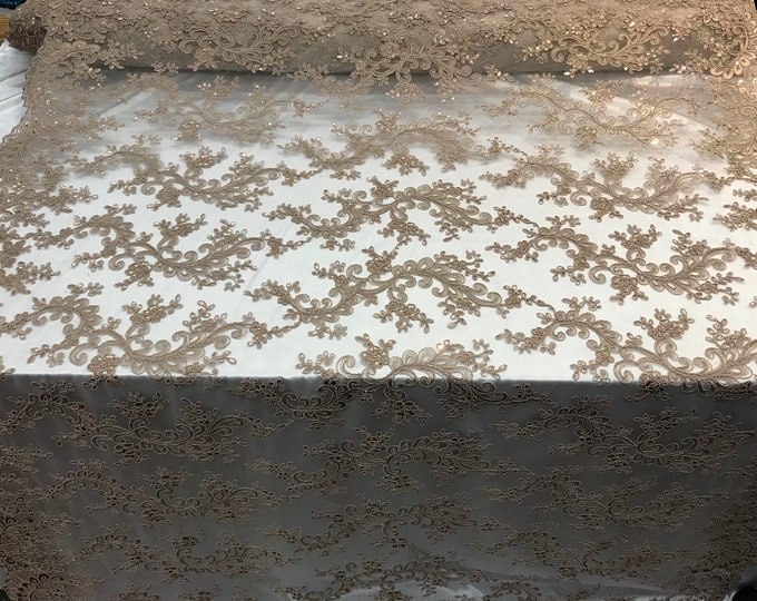 Coffee Mesh Lace Floral Fabric By The Yard_ Embroidery Handmade Floral Lace_ Decor, Night Gowns, Tablecloths, Runners, Skirts, Costumes