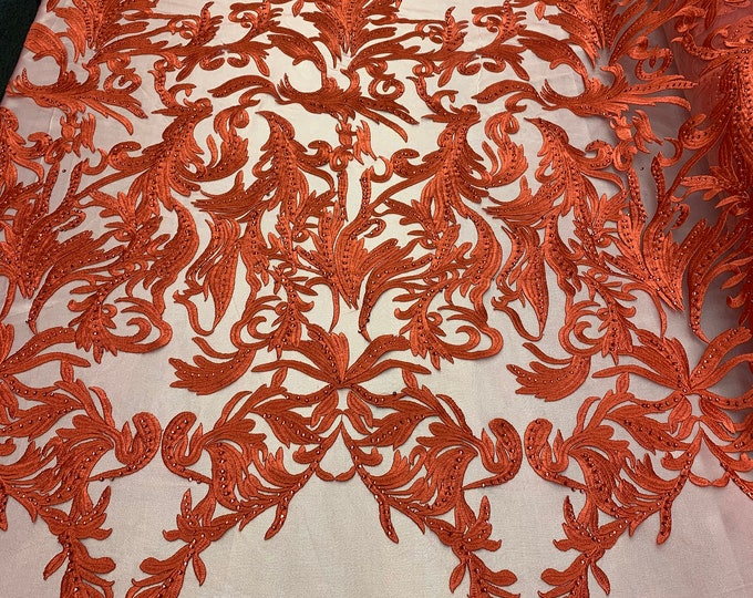 ONE Yard Mesh Lace Embroidered Fabric Leafs Design With Stones (Coral Color) High Quality Lace For Wedding/Prom/ Night Gowns Dress/ Fashion.