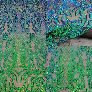 Mia Geometric Sequin Fabric By The Yard | 4 Way Stretch Fabric | Sequin Geometric Embroidery Fabric | Iridescent Green on Black Mesh image 7