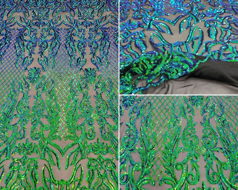 Mia Geometric Sequin Fabric By The Yard | 4 Way Stretch Fabric | Sequin Geometric Embroidery Fabric | Iridescent Green on Black Mesh image 7