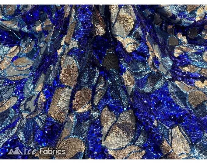 Royal Blue Floral Sequin Fabric By The Yard | On 4 way Spandex Mesh Fabric Embroidery Lace Fabric | Sequin Flowers