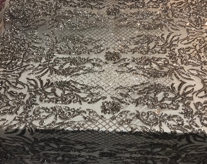 NEW Champagne Design sequins 4 way stretch on A MESH lace Sold By the yard for decorations fashion wedding prom dresses, tablecloths Fabric