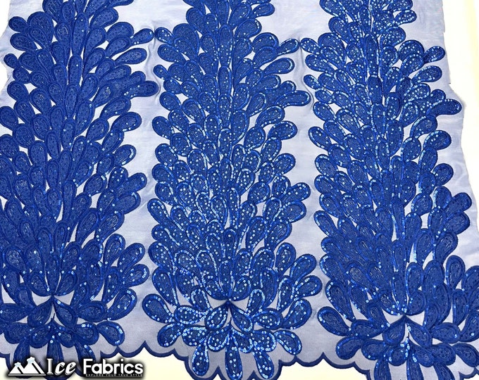 Royal Blue Vegas Peacock Embroidery Lace Sequin Fabric | on 2 Way Stretch Mesh | Sold By 3 Panels | (34” Length) (54” Wide)