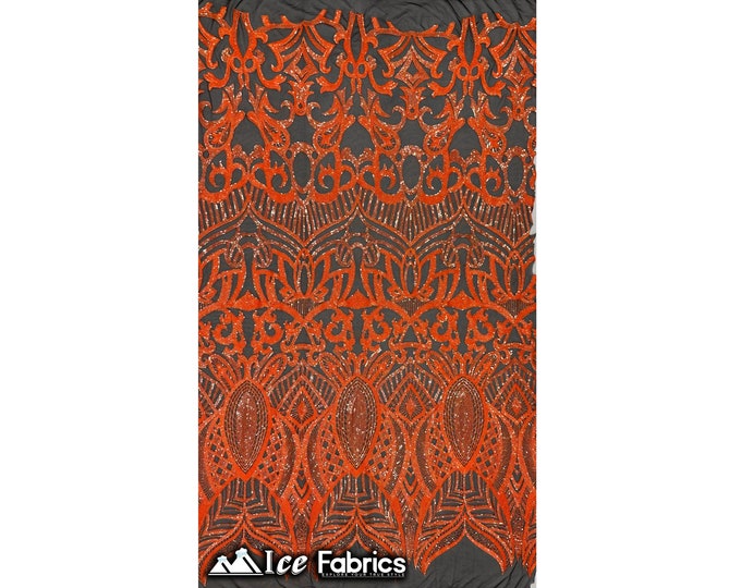 Luxury Sequin Fabric By The Yard | Neon Orange on Black Power mesh | 4 Way Stretch Lace Fabric | Prom Dress (B I G)