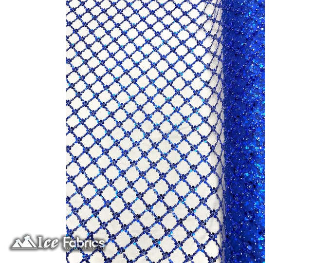 Royal Blue Geometric Embroidery Sequin Beaded Fabric  By The Yard | Handmade Embroidered Lace Sequin Fabric on Mesh Fabric