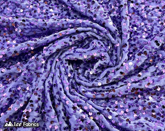 Emma 2 Way Stretch Velvet Sequin Fabric By The Yard | Embroidery Sequin On Spandex Velvet | Lavender | 60” Wide