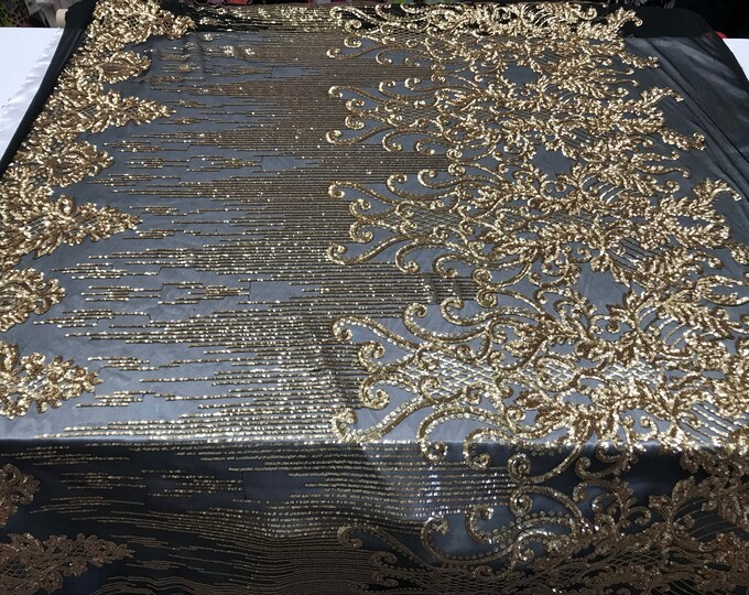 Gold Iridescent Sequin Fabric By The Yard_ Embroidered 4 Way Stretch Sequin Fabric_ Spandex Fabric Black Mesh Fabric_ Prom Dress