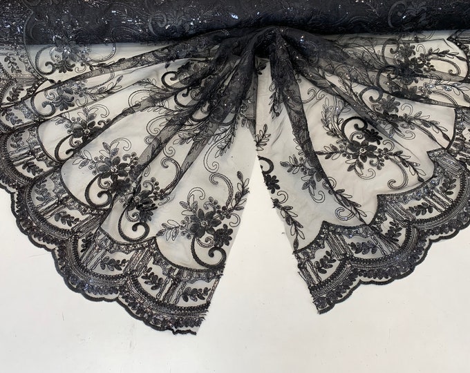 Black_ Metallic Flowers Sequins On A Mesh Lace Fabric// Lace By The Yard//Floral Embroider Lace For Tablecloths,Costumes,Decorations,Runners